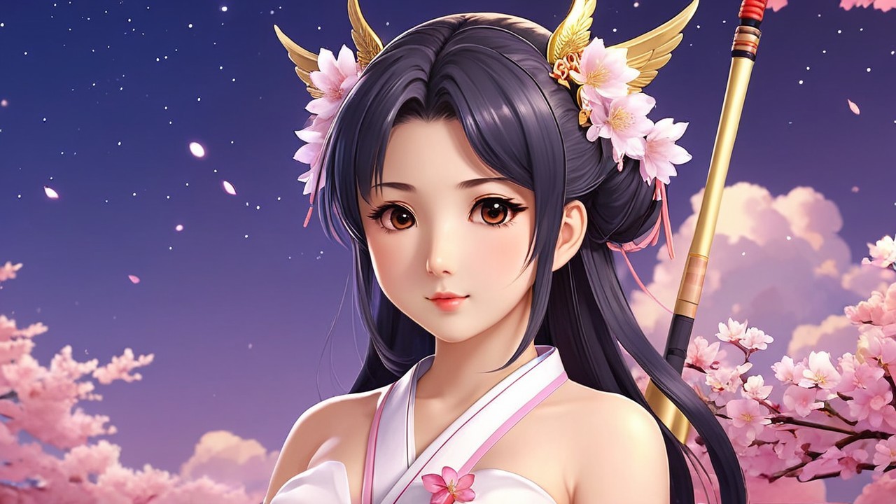 Young woman in kimono among cherry blossoms at twilight