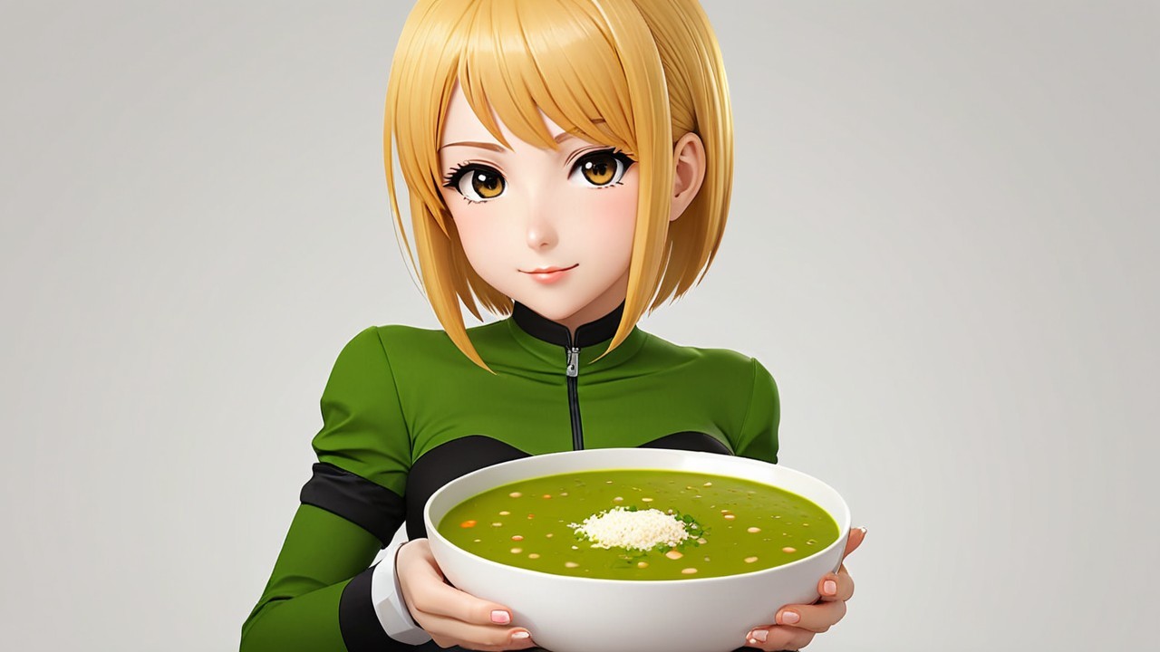 Stylized character with green soup and colorful toppings