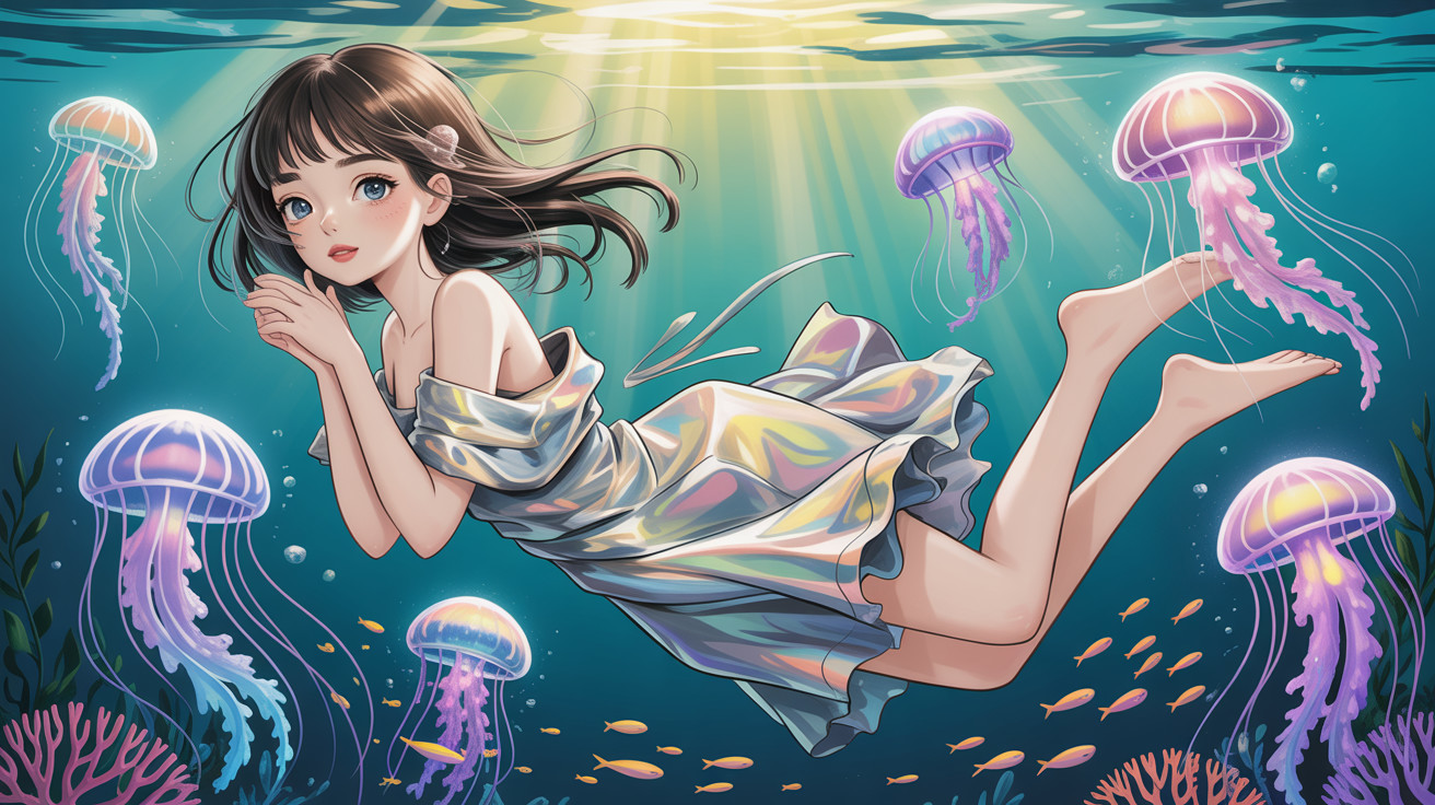 Whimsical girl in iridescent dress among glowing jellyfish
