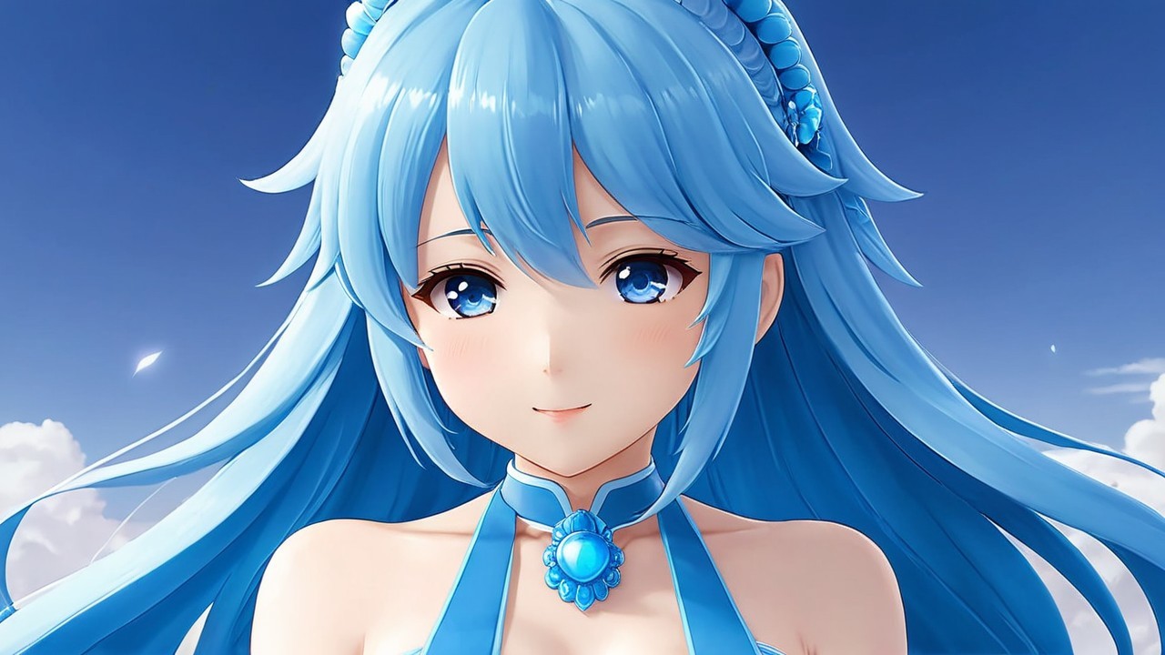 Anime girl with blue hair and bright blue eyes