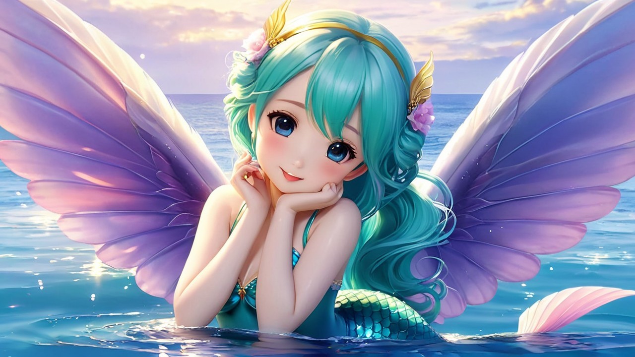 Whimsical Mermaid with Aqua Hair in Turquoise Waters