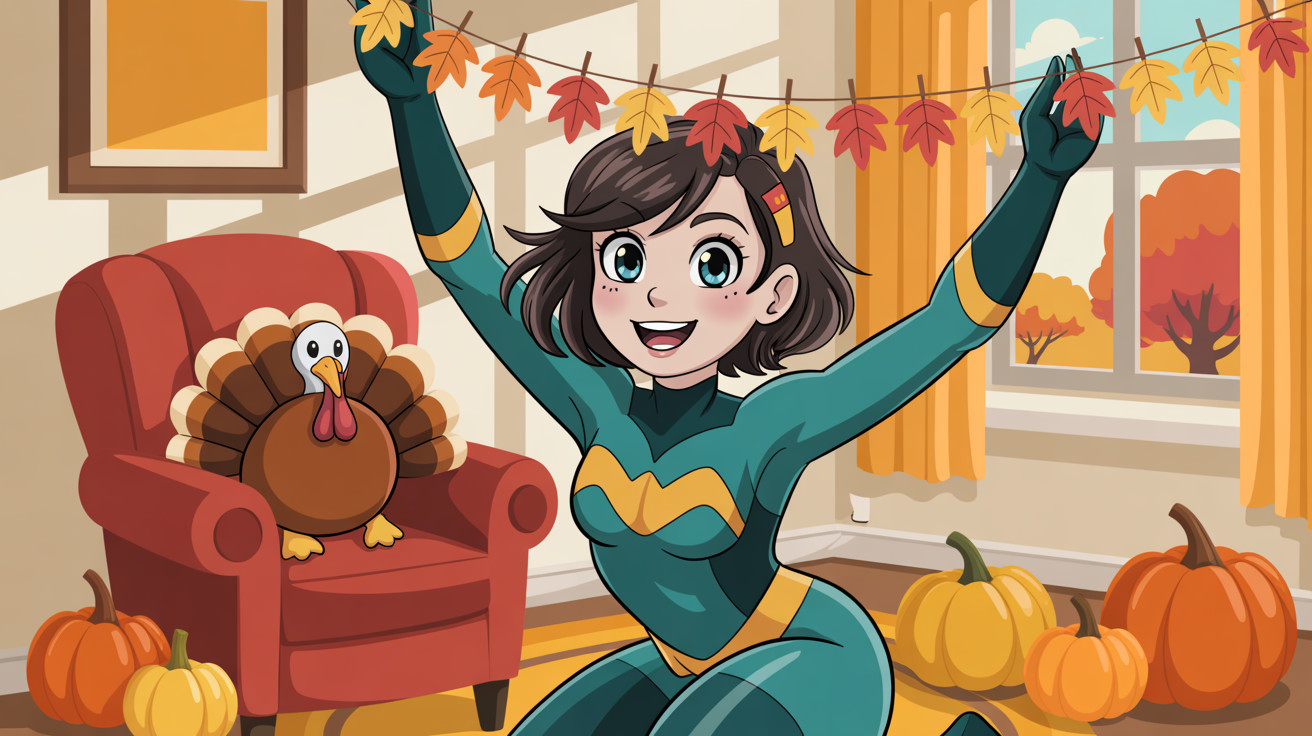 Cheerful Female Superhero Decorating with Autumn Leaves