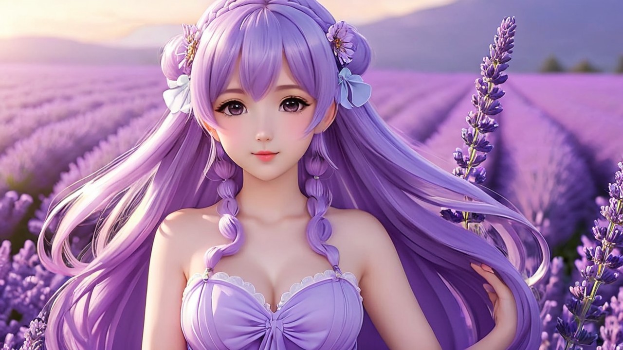 Young Woman in Lavender Field with Flowers