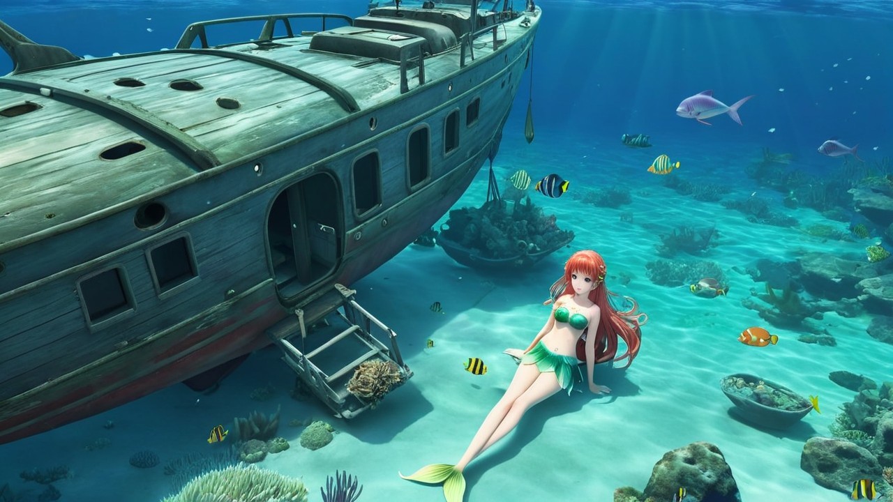 Sunken Ship and Mermaid in Vibrant Underwater Scene