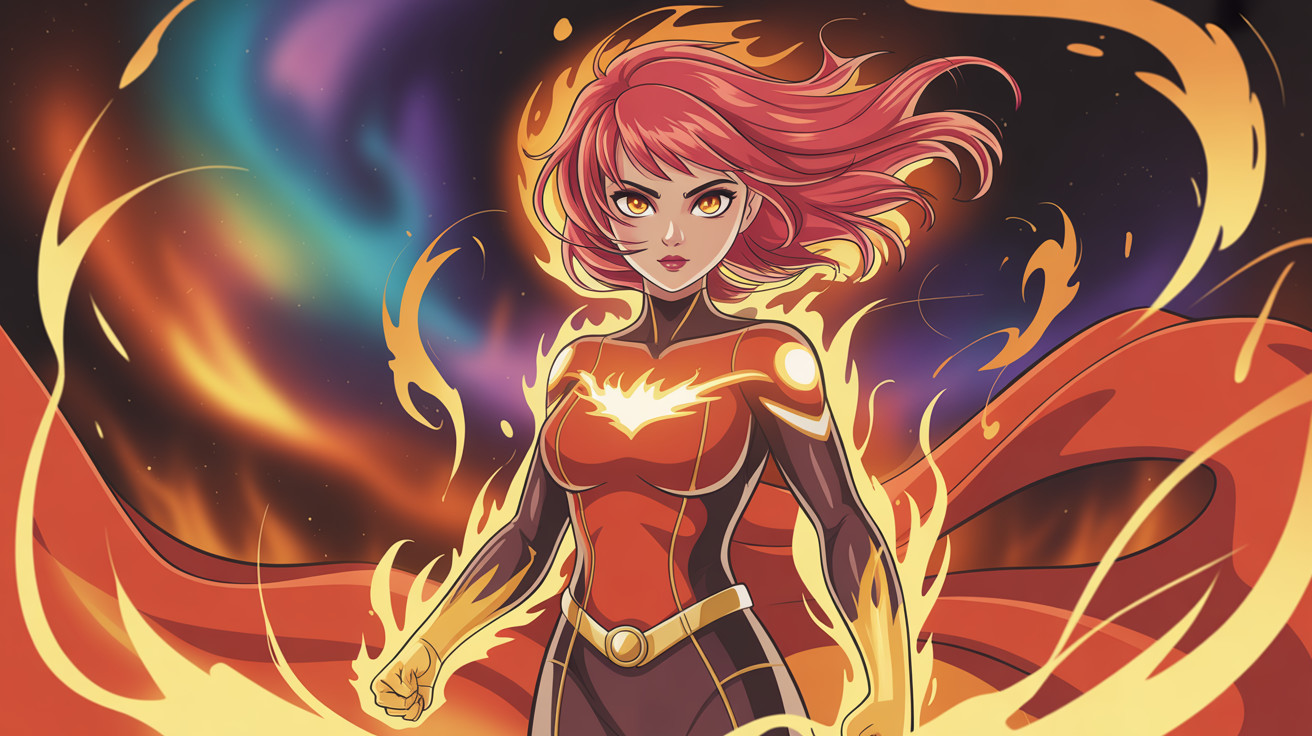 Digital art of a female superhero with fiery features