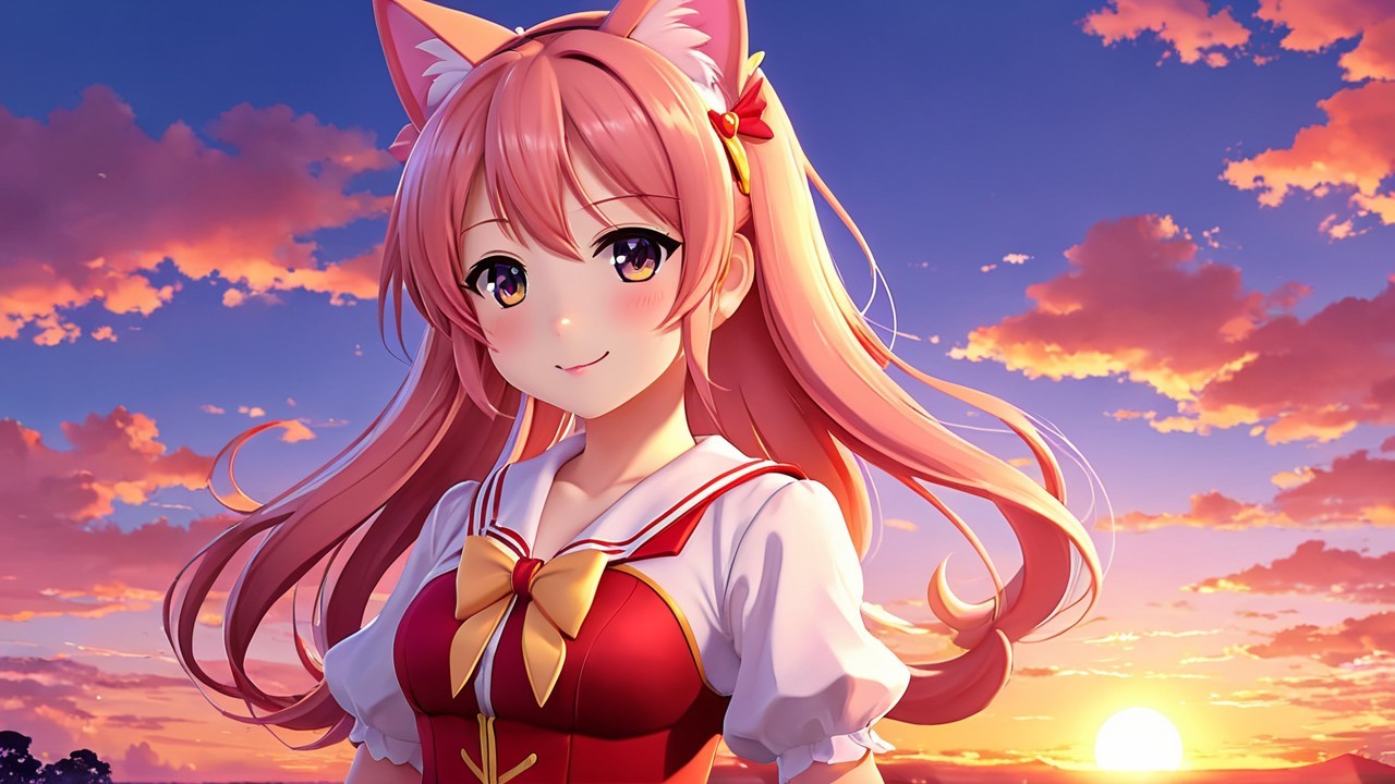 Anime girl with pink hair and cat ears at sunset