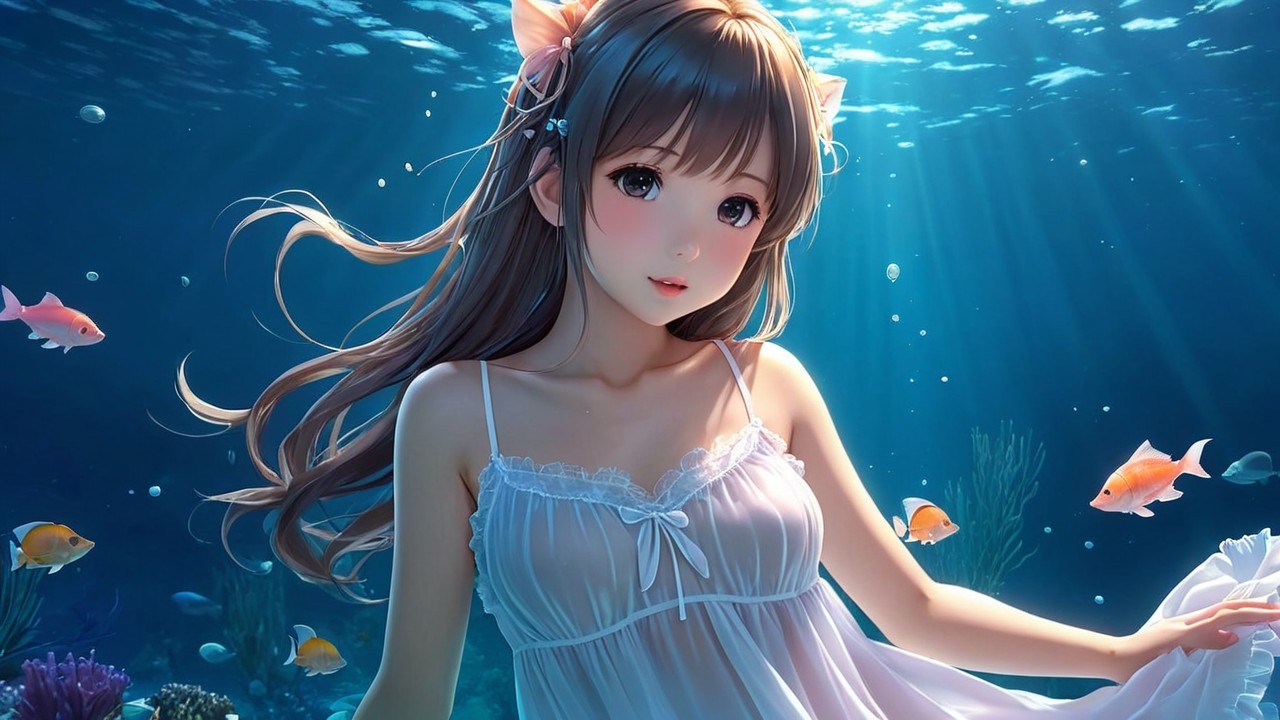 Underwater Scene with Woman and Colorful Fish