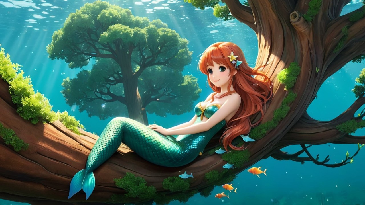 Underwater Scene with a Dreamy Mermaid and Fish