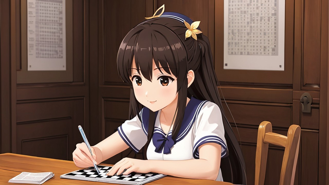 Young girl in sailor uniform solving crossword puzzle