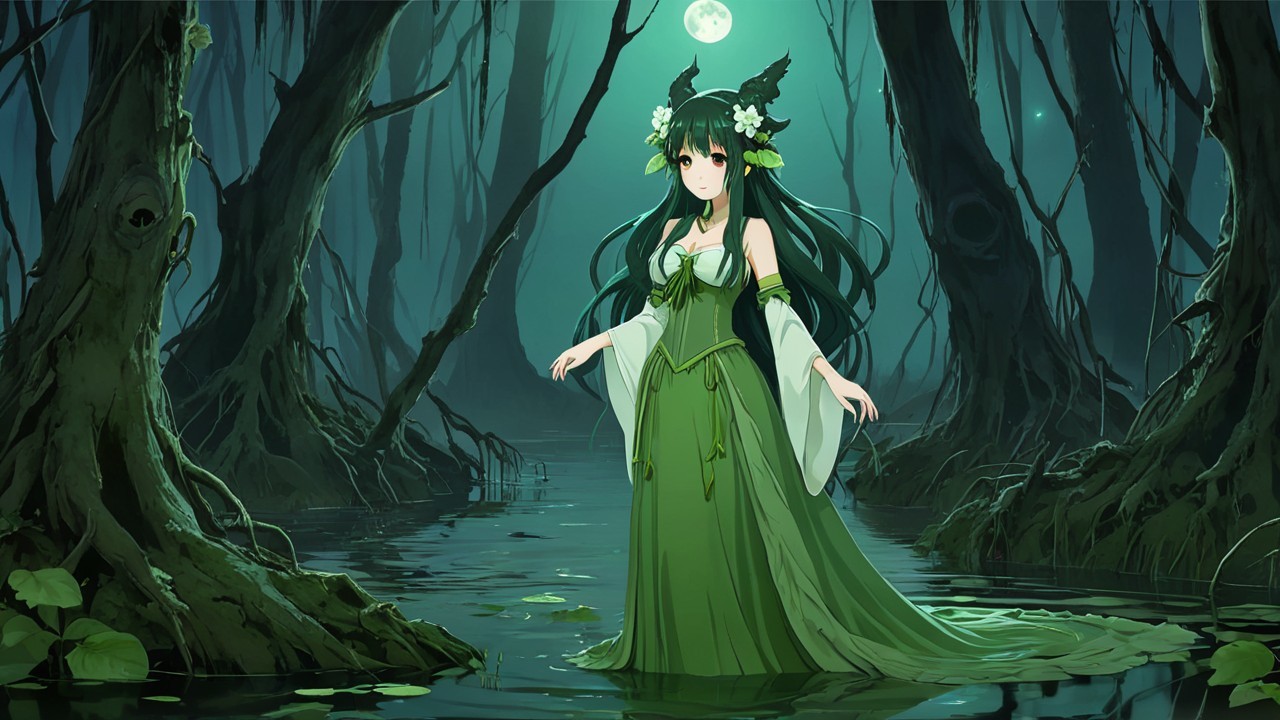 Forest Spirit in Moonlit Swamp with Floral Gown