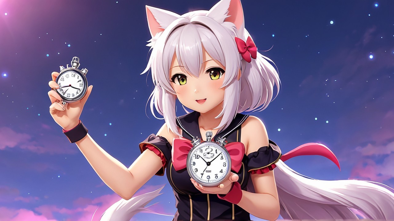 Cheerful anime character with cat features and stopwatches