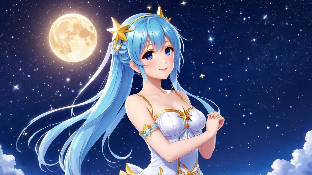 Young woman in celestial attire under starry sky
