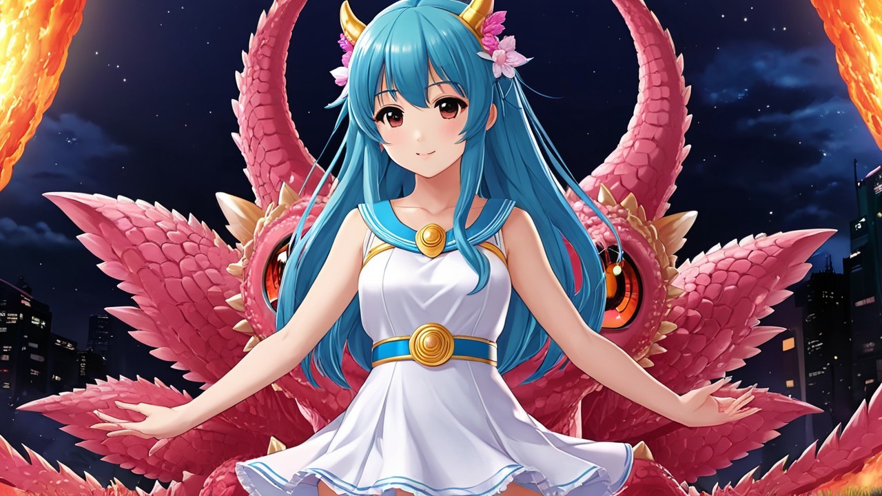 Young girl with blue hair and mythical creature at night