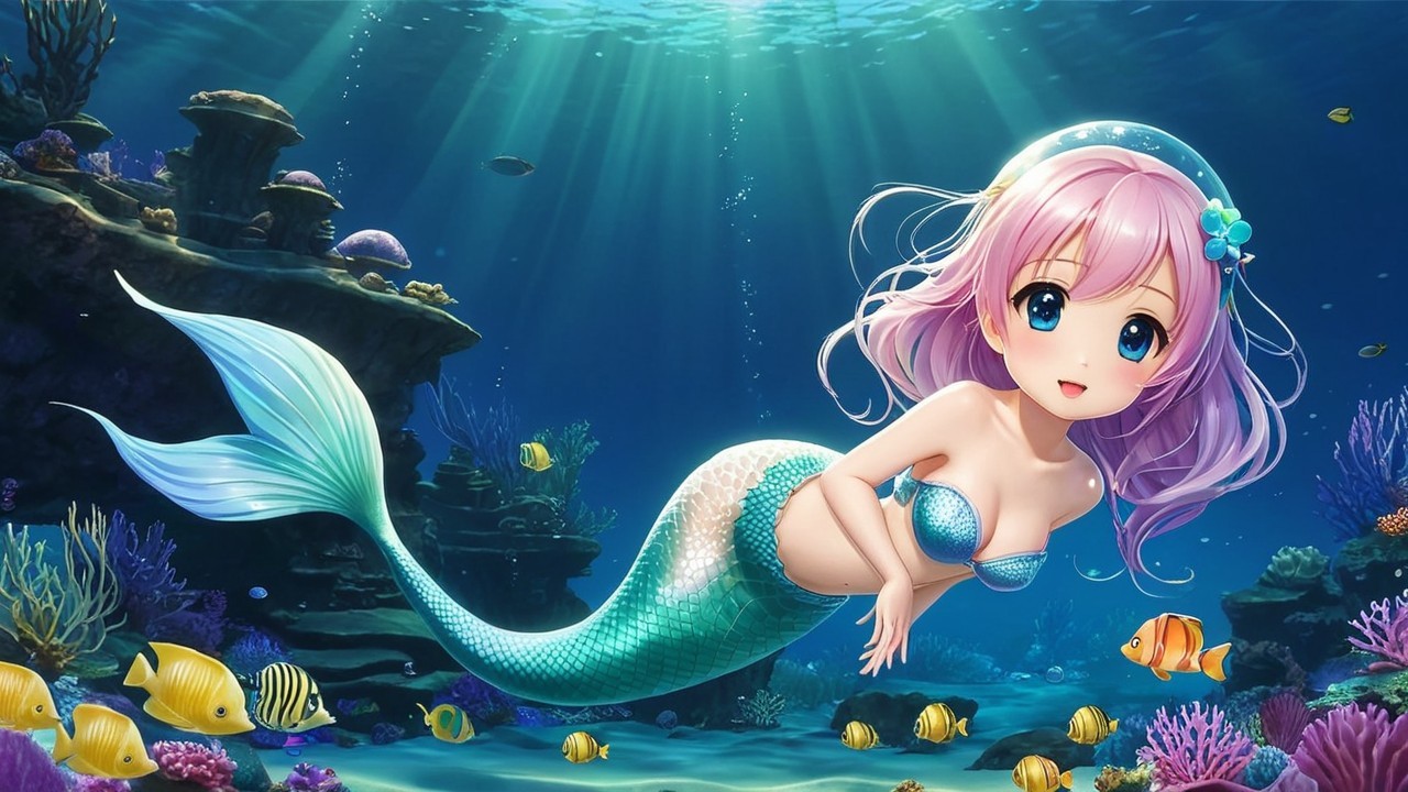 Vibrant Underwater Scene with Cheerful Mermaid