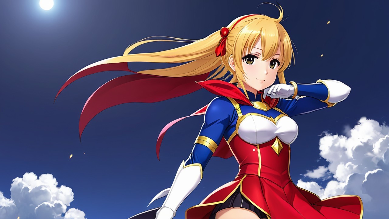 Confident Female Superhero in Blue and Red Costume