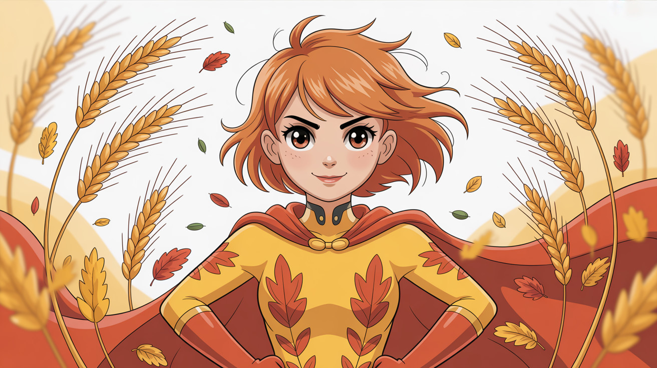 Anime-style supergirl with orange hair and autumn theme