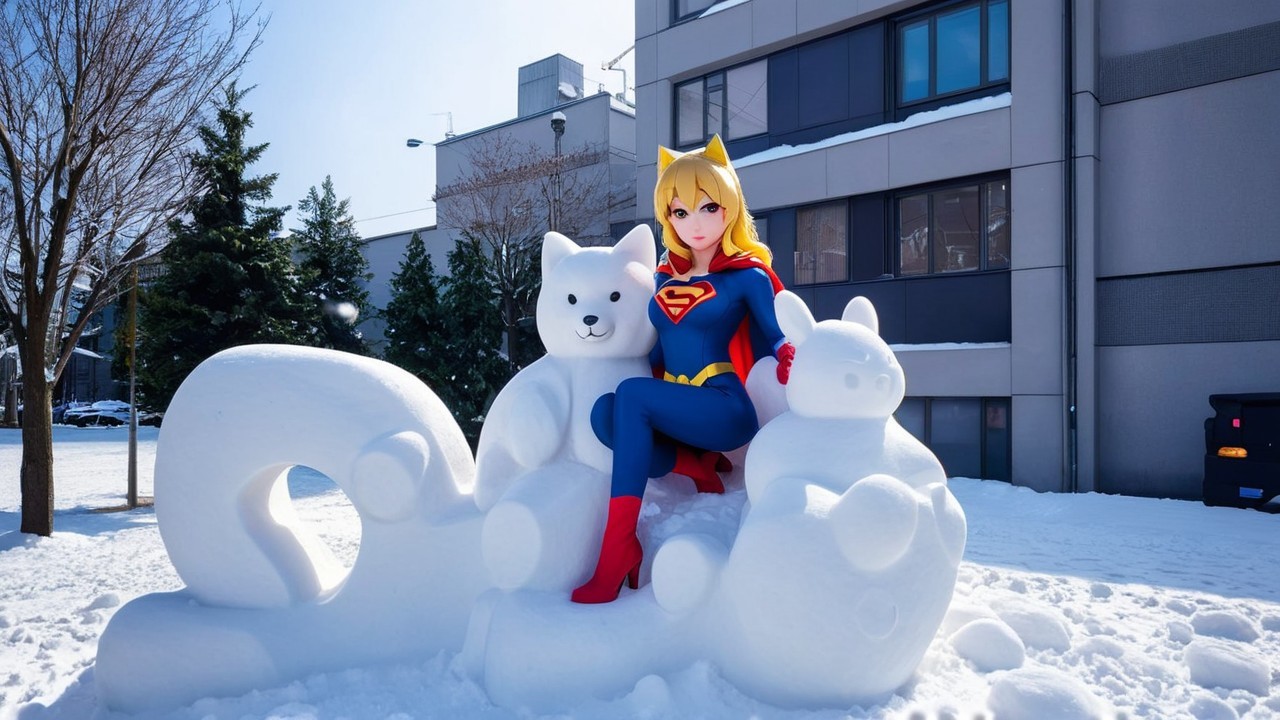 Whimsical Winter Scene with Snow Sculpture and Animals