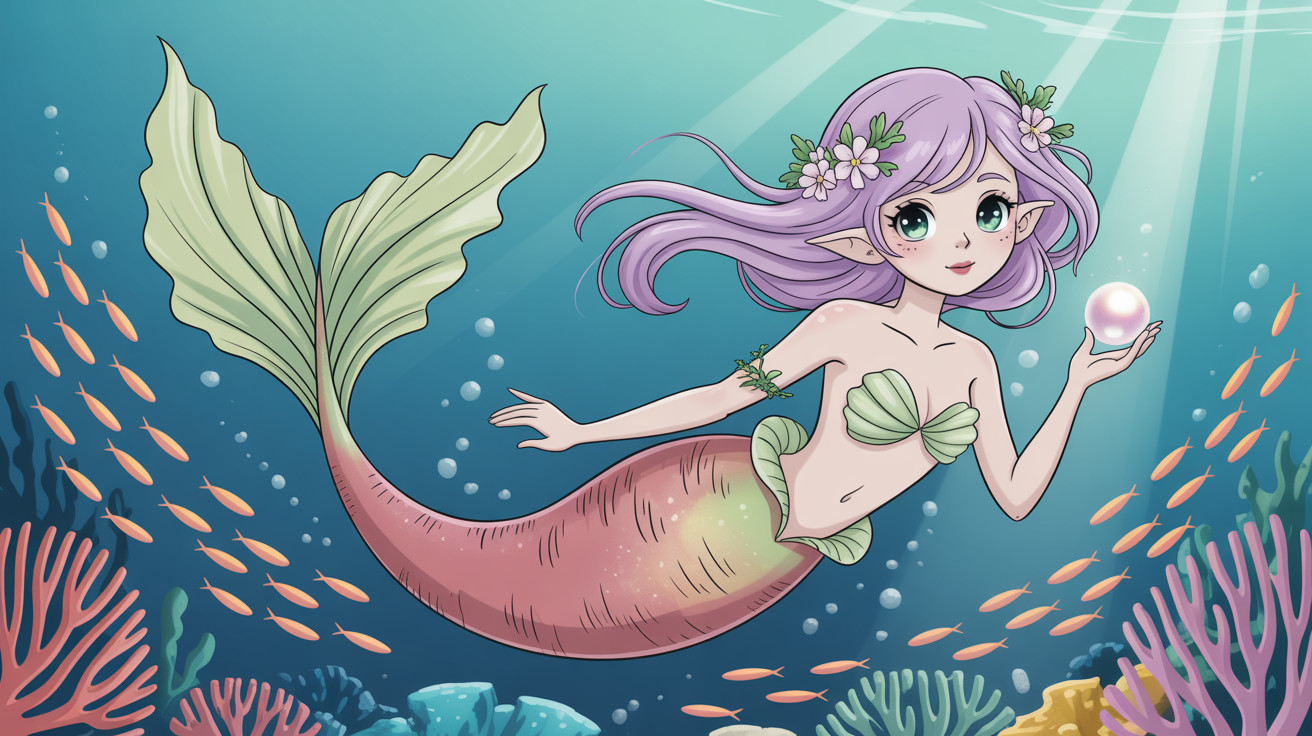 Lavender-Haired Mermaid with Iridescent Pearl in Ocean