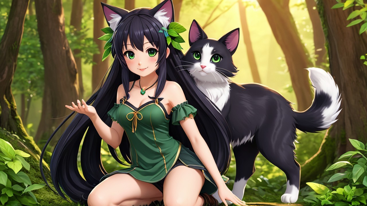 Forest Spirit in Green Dress with Cat Companion
