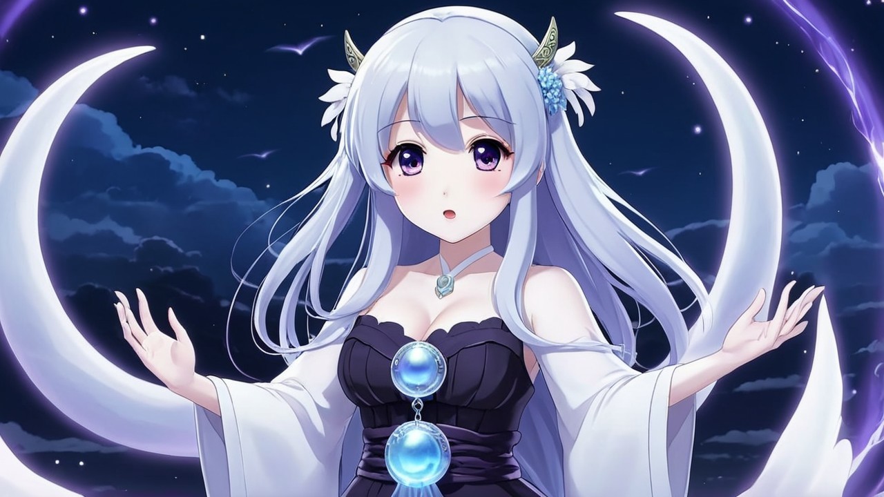 Mystical Girl with Silver Hair Under Moonlit Sky