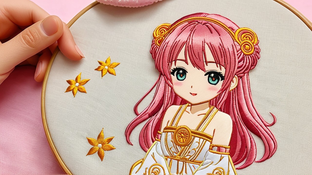 Embroidered Character with Pink Hair and Gold Accents