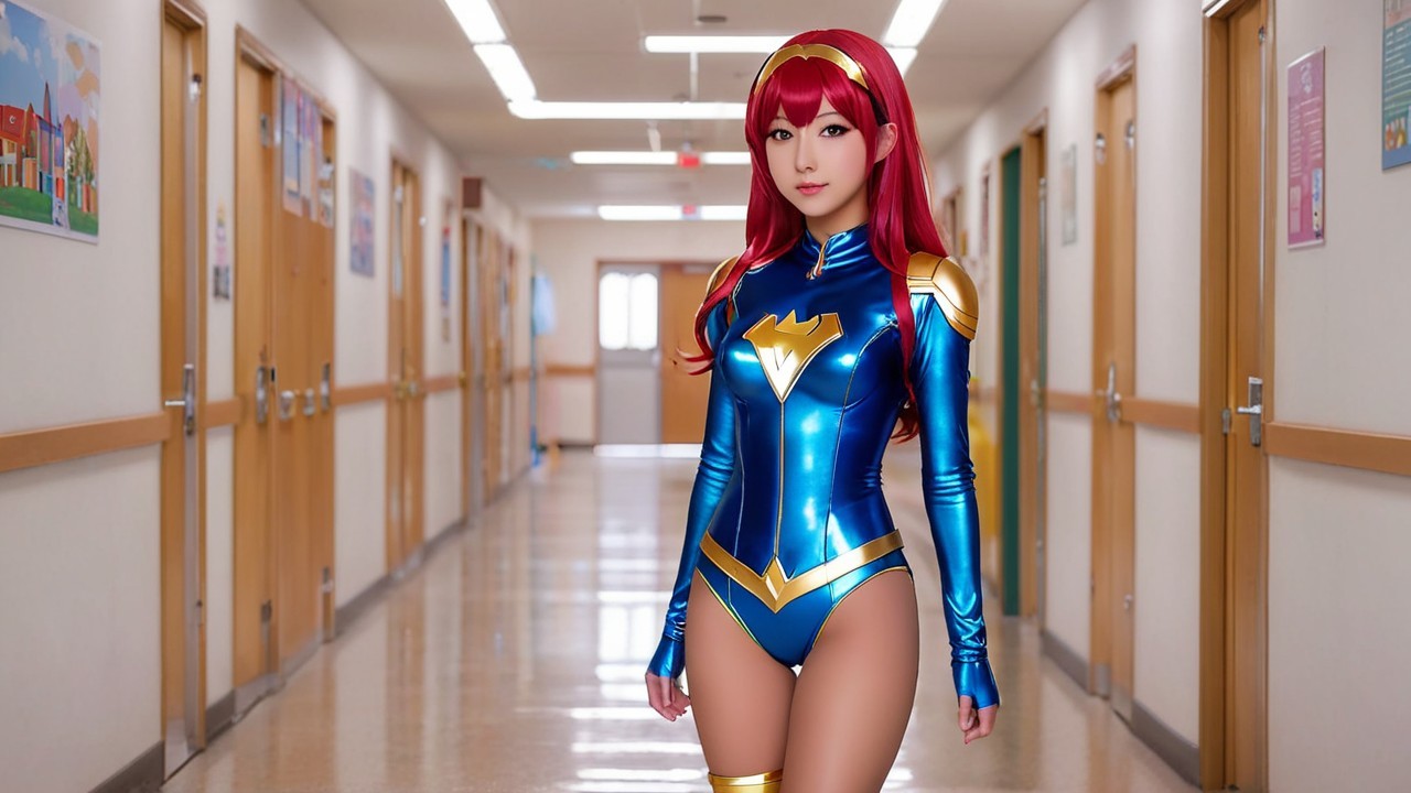Confident Character in Bright Corridor with Superhero Costume