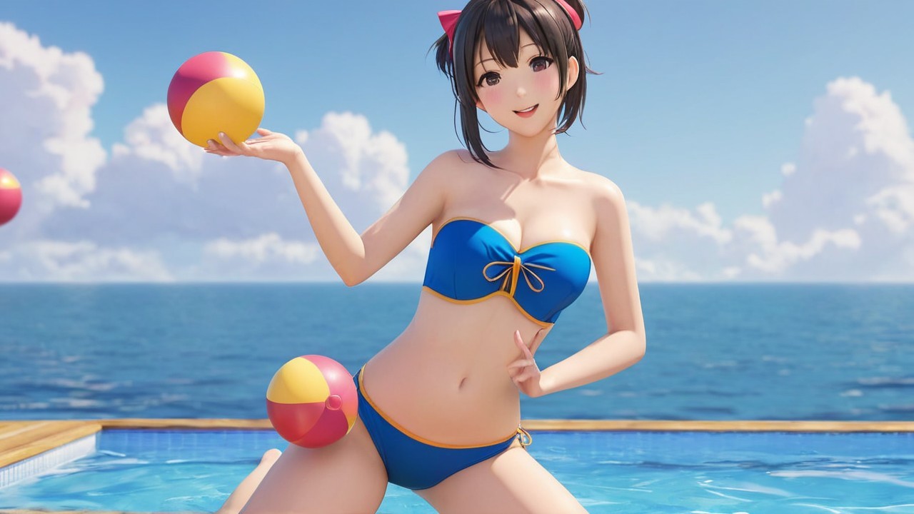 Cheerful Woman in Blue Bikini by Poolside