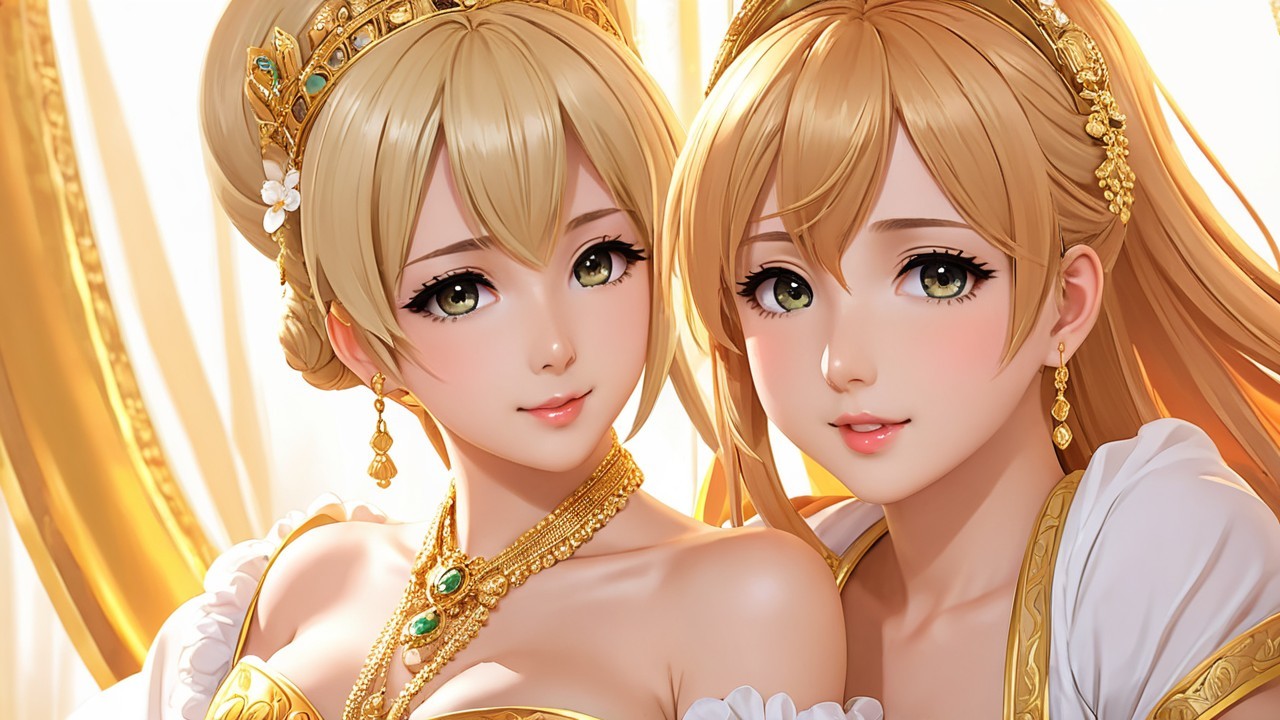 Elegant Women in Golden Outfits with Jewelry