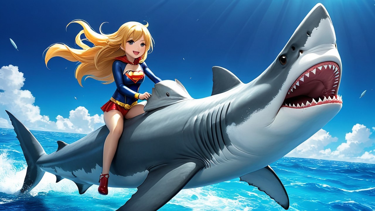 Cheerful girl in superhero outfit riding friendly shark
