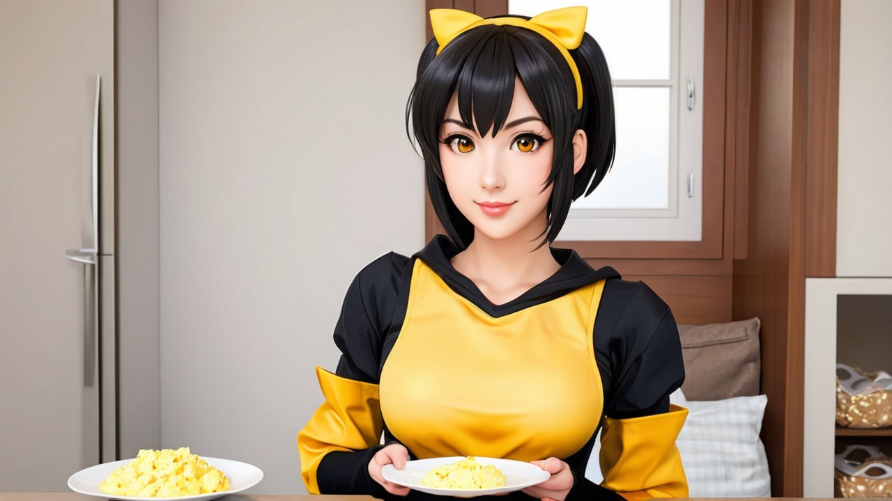 Cheerful character in cozy kitchen with fluffy food