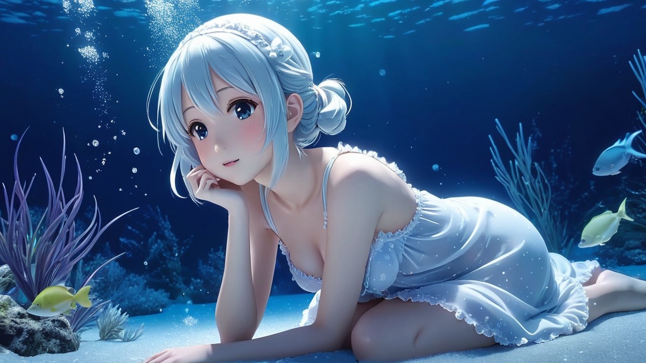 Underwater Scene of a Young Girl with Blue Hair
