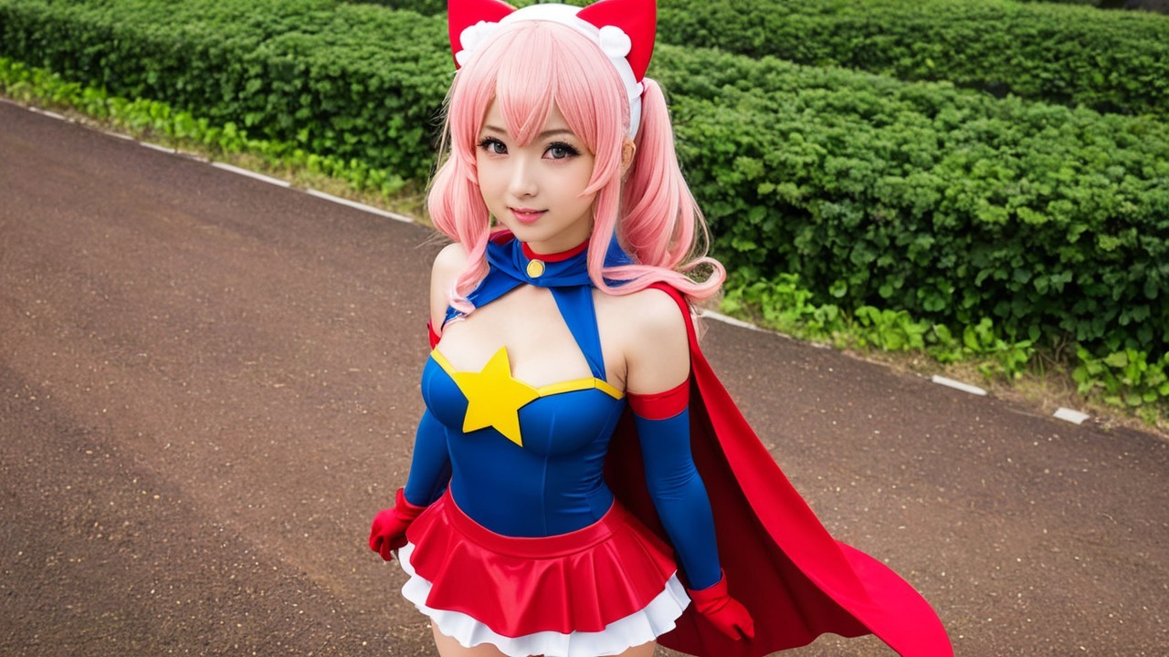 Young woman in colorful superhero costume outdoors