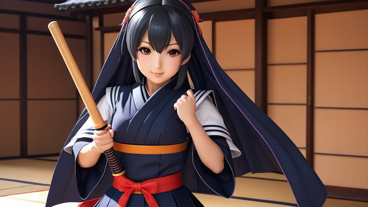 Young Woman in Traditional Japanese Attire with Staff