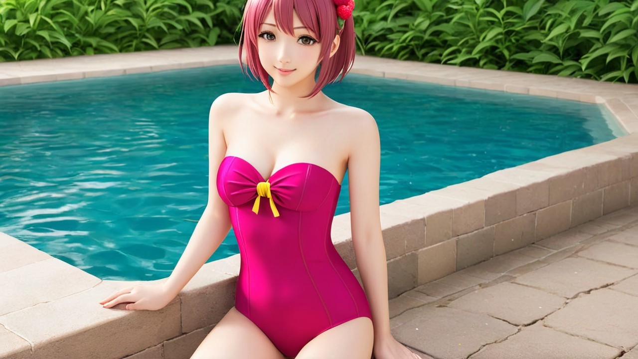 Character in Pink Swimsuit by Sparkling Pool