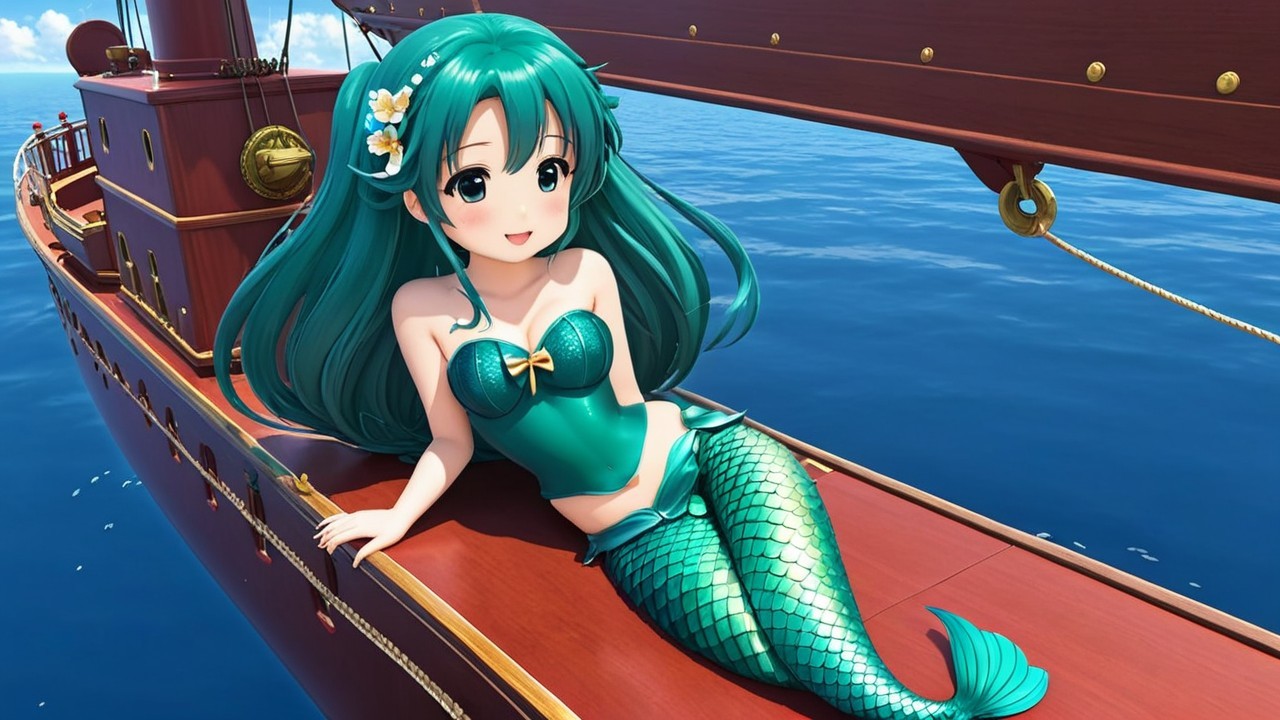 Cheerful Anime Mermaid on Ship's Deck by Ocean