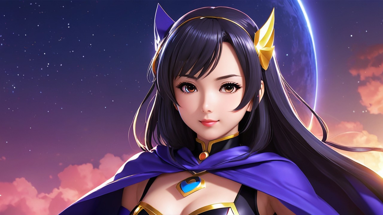 Stylized Young Woman in Regal Outfit Against Celestial Scene