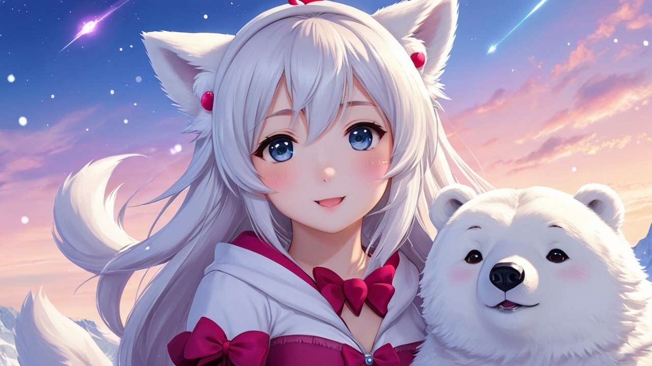 Anime-style girl with white hair and polar bear companion
