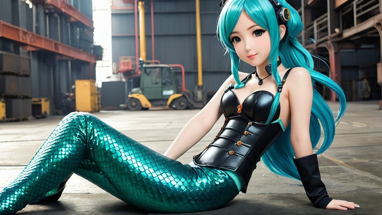 Turquoise-haired character in industrial setting with mermaid tail