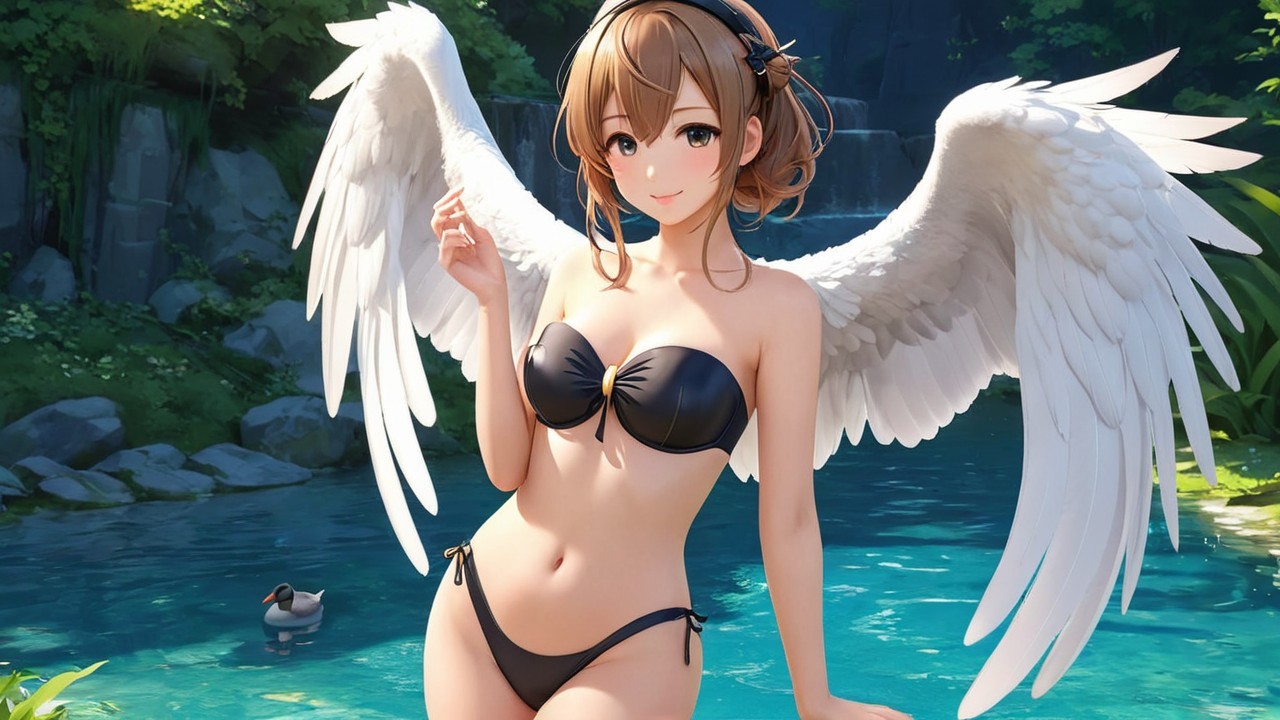 Young Woman with Wings by a Tranquil Pool Scene