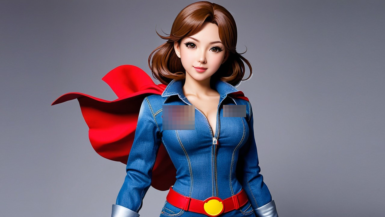 Stylized Female Superhero in Blue Jumpsuit and Cape