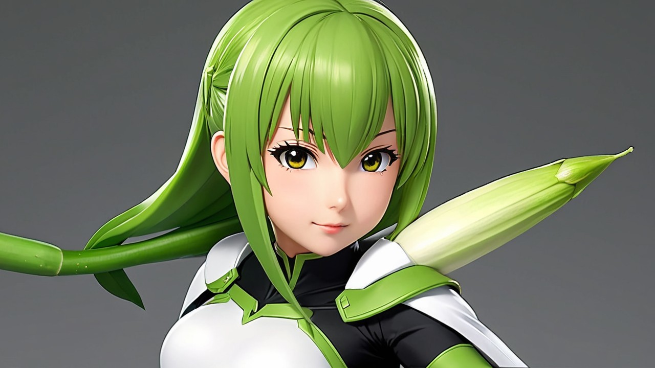 Stylized character with green hair and yellow eyes