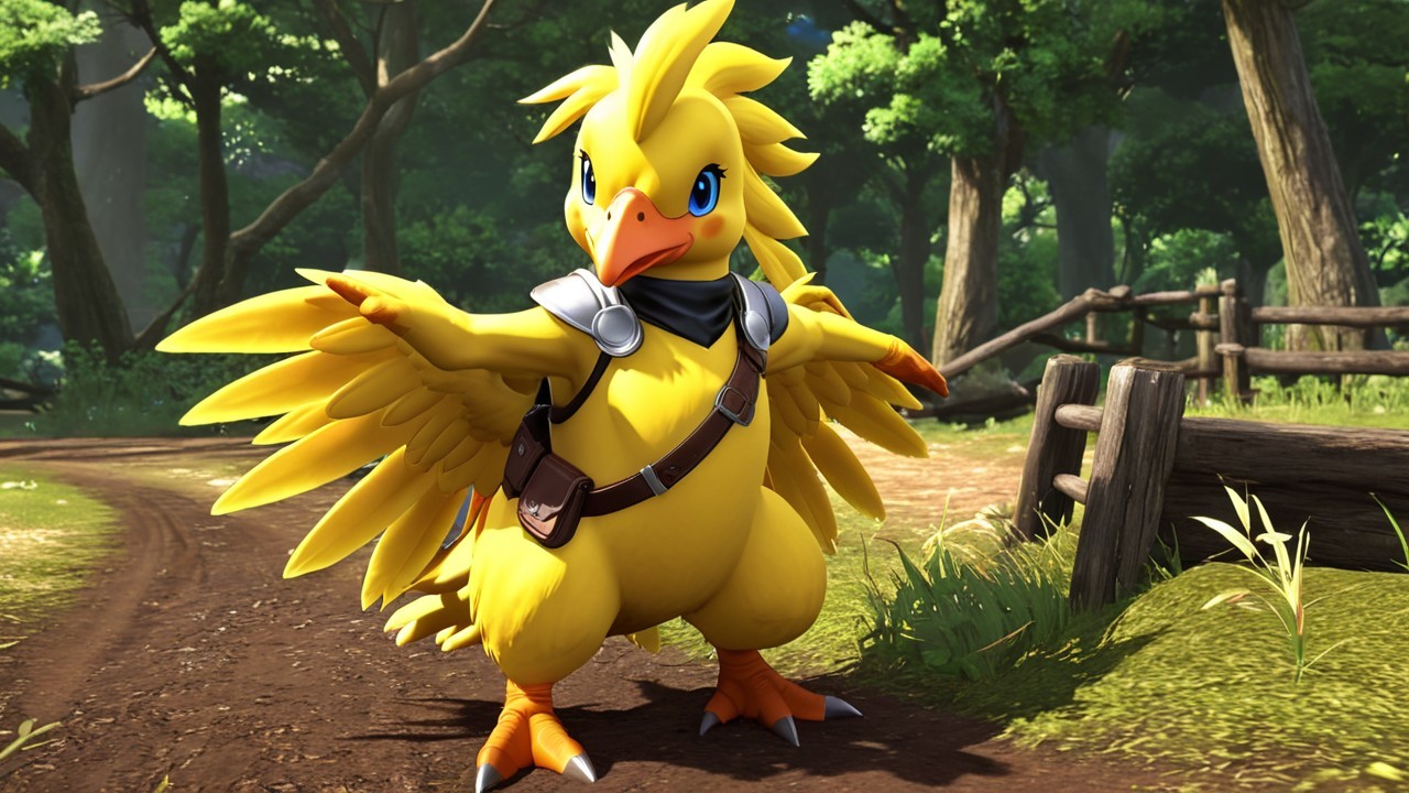 Yellow Bird-like Creature on Forest Path with Harness