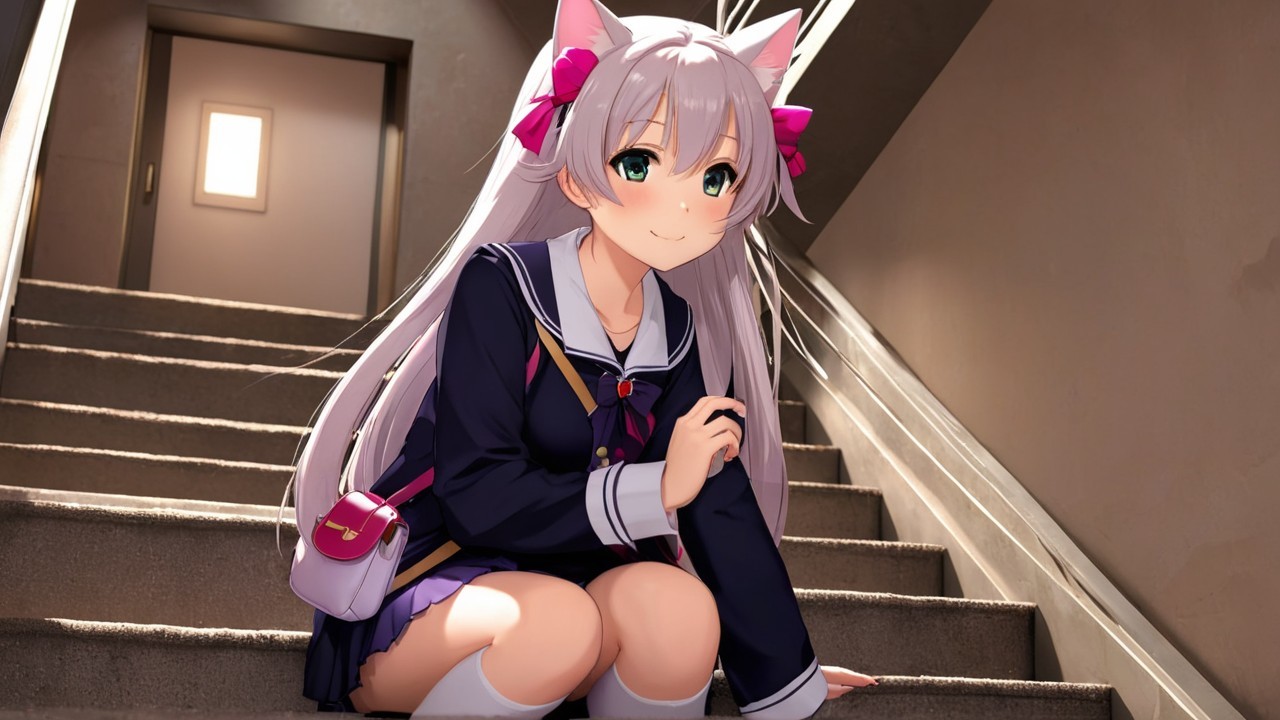 Cheerful girl with cat features on a staircase