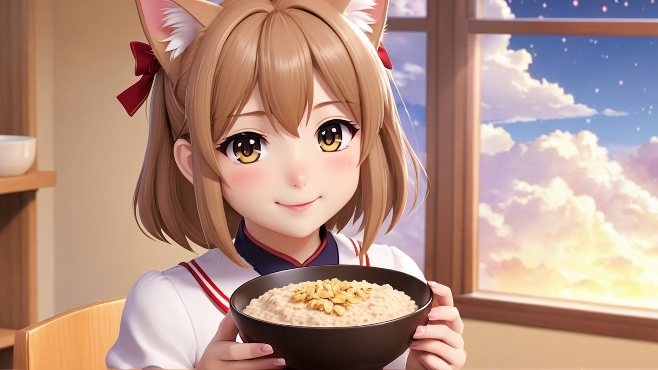 Anime Girl with Cat Ears Holding Rice Bowl
