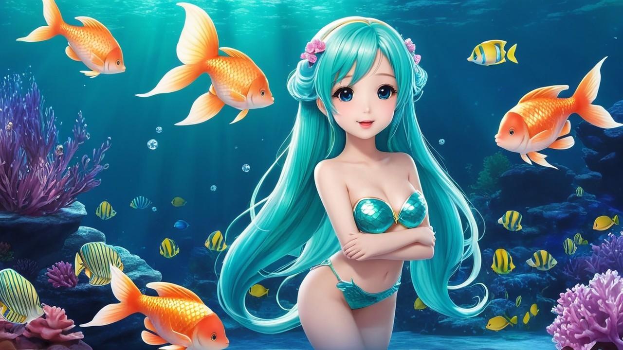 Vibrant Underwater Scene with Whimsical Mermaid