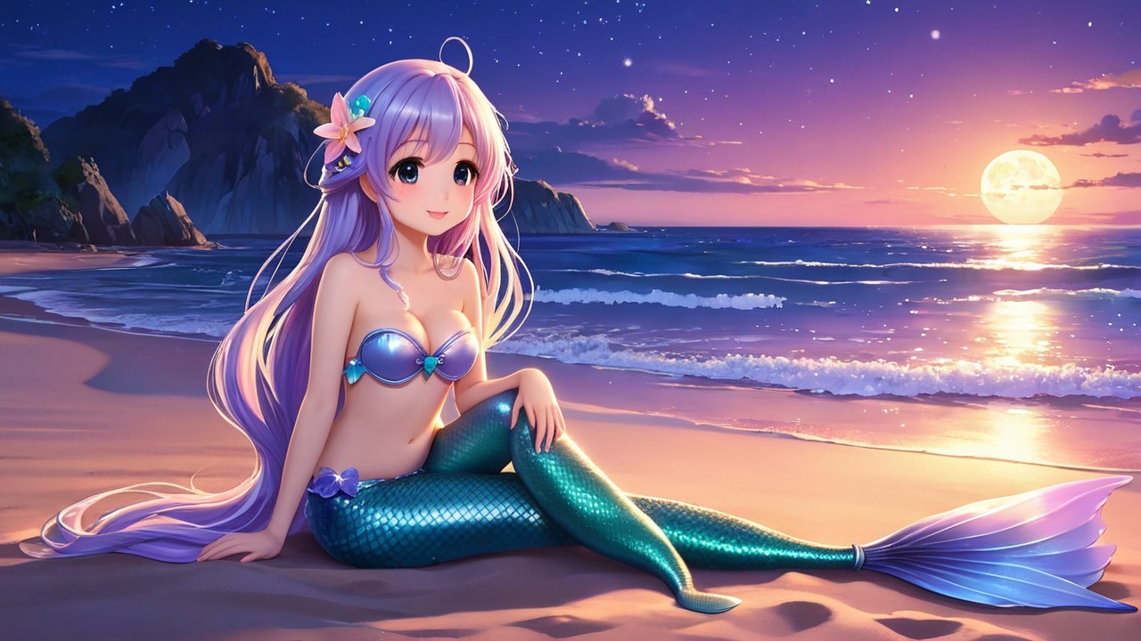 Serene Twilight Beach Scene with a Cheerful Mermaid
