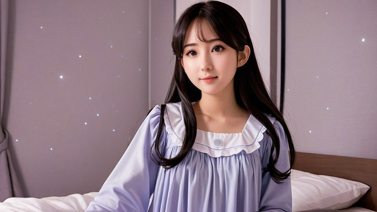 Young woman in light blue nightgown on a bed