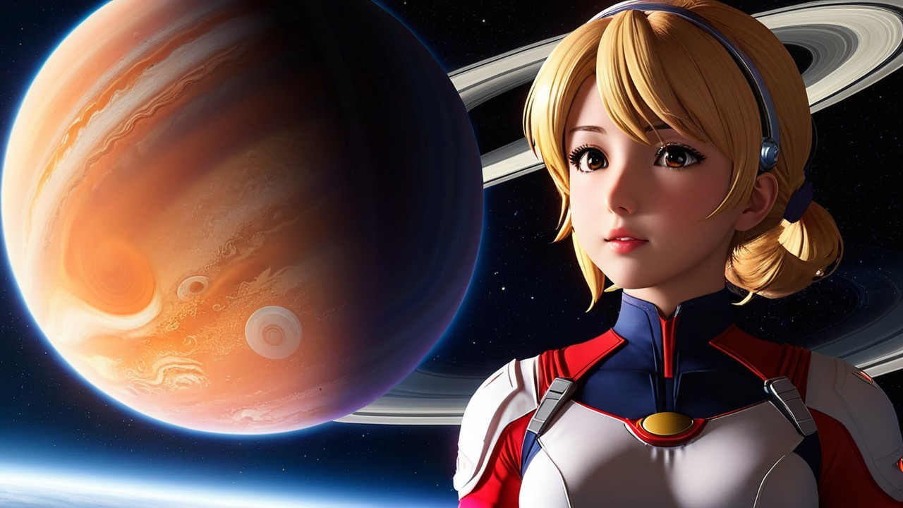 Futuristic Character Against Colorful Gas Giant Planet