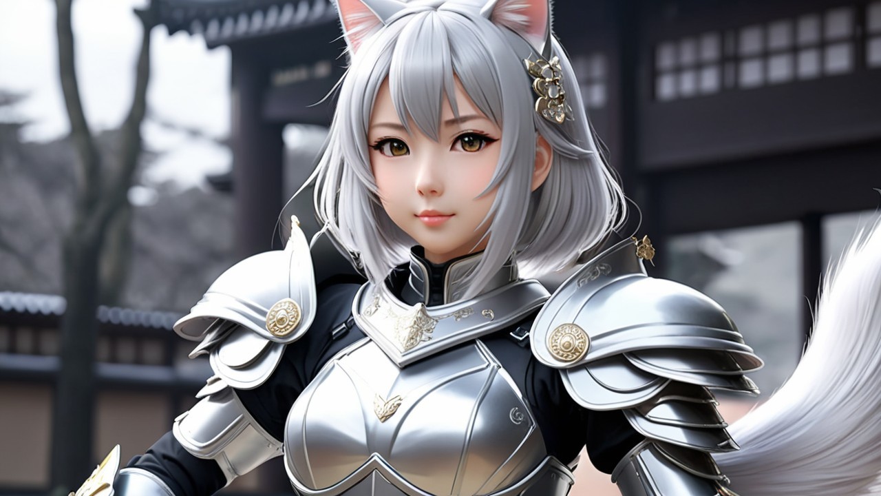 Feline Character in Silver Armor in Fantasy Setting