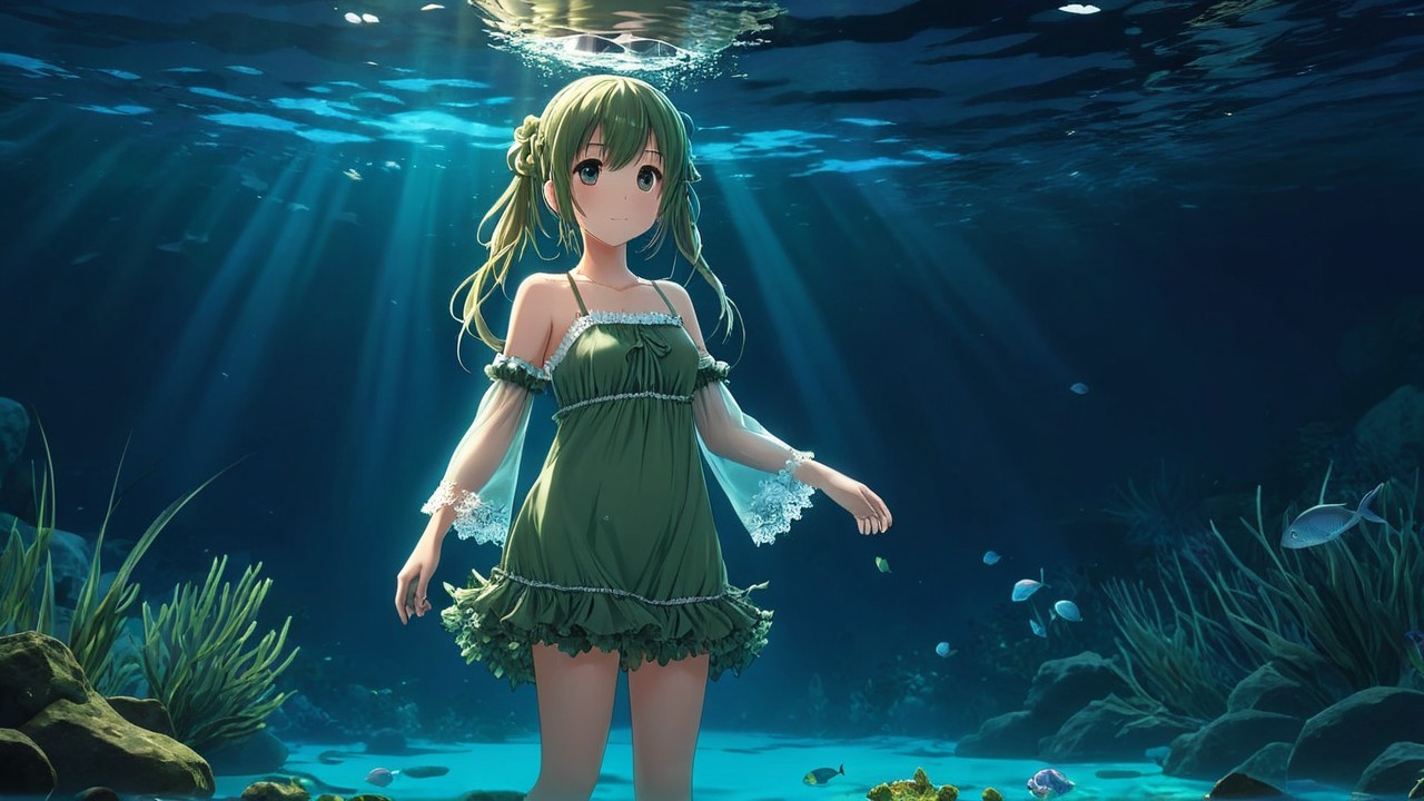 Young girl in green dress illuminated underwater